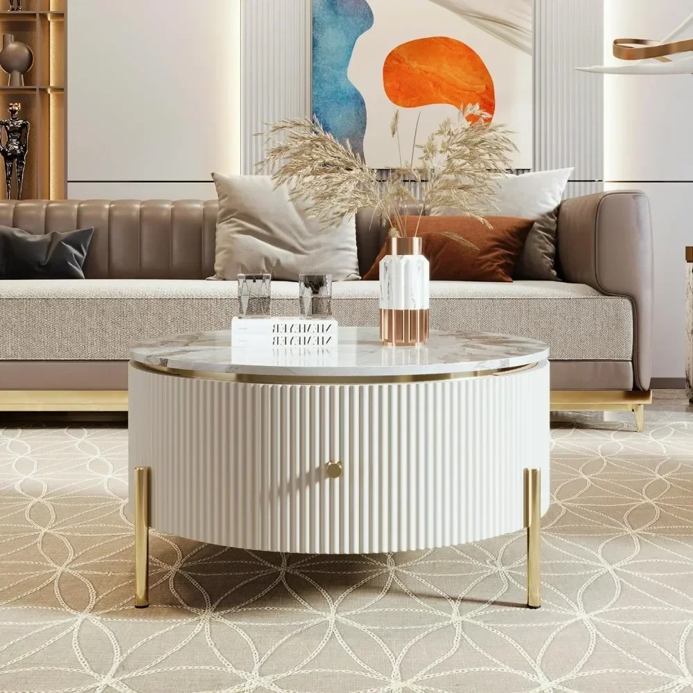 Coffee Table with Drawers Round Drum with Golden Legs Circular Center Tables with Marble Pattern Top, Coffee Table