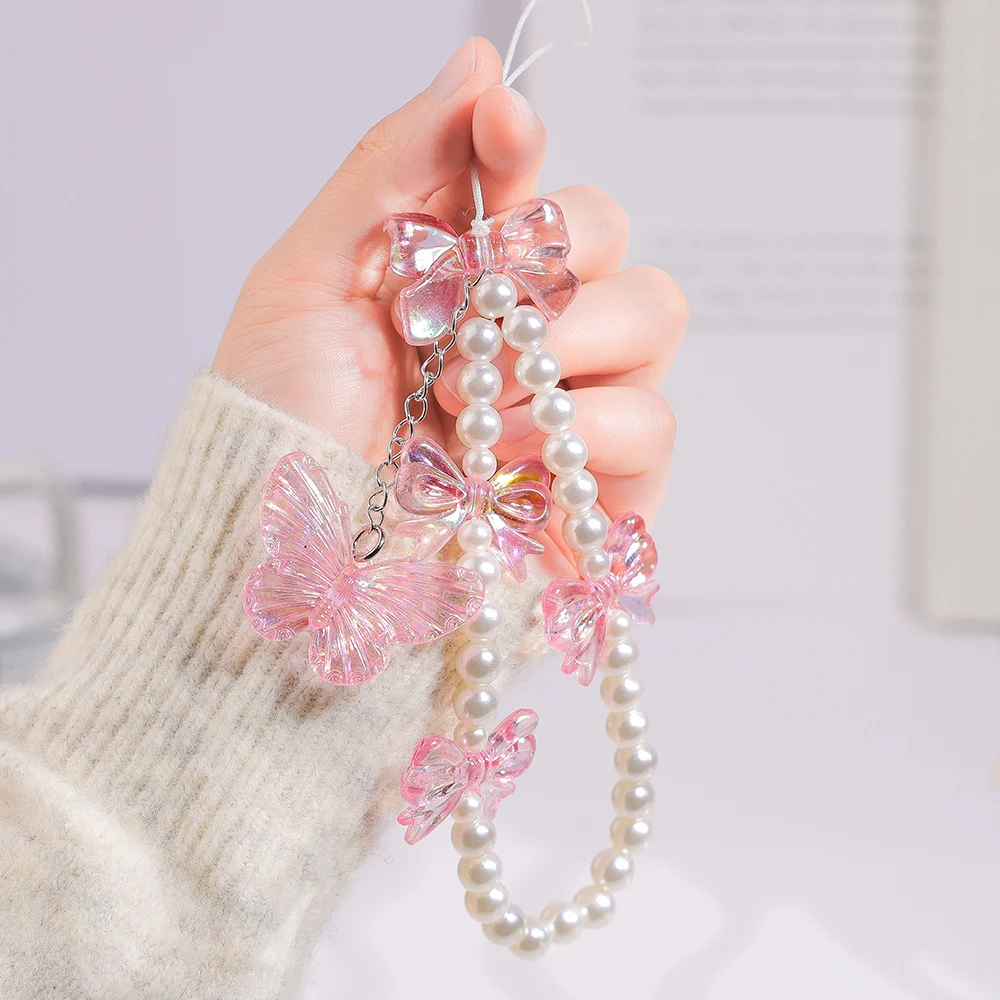 

Pink Butterfly Pearl Bow Phone Chain Anti-Lost Bracelet For Mobile Phone Case Wrist Strap Lanyard Phone Keychain Portable Chain