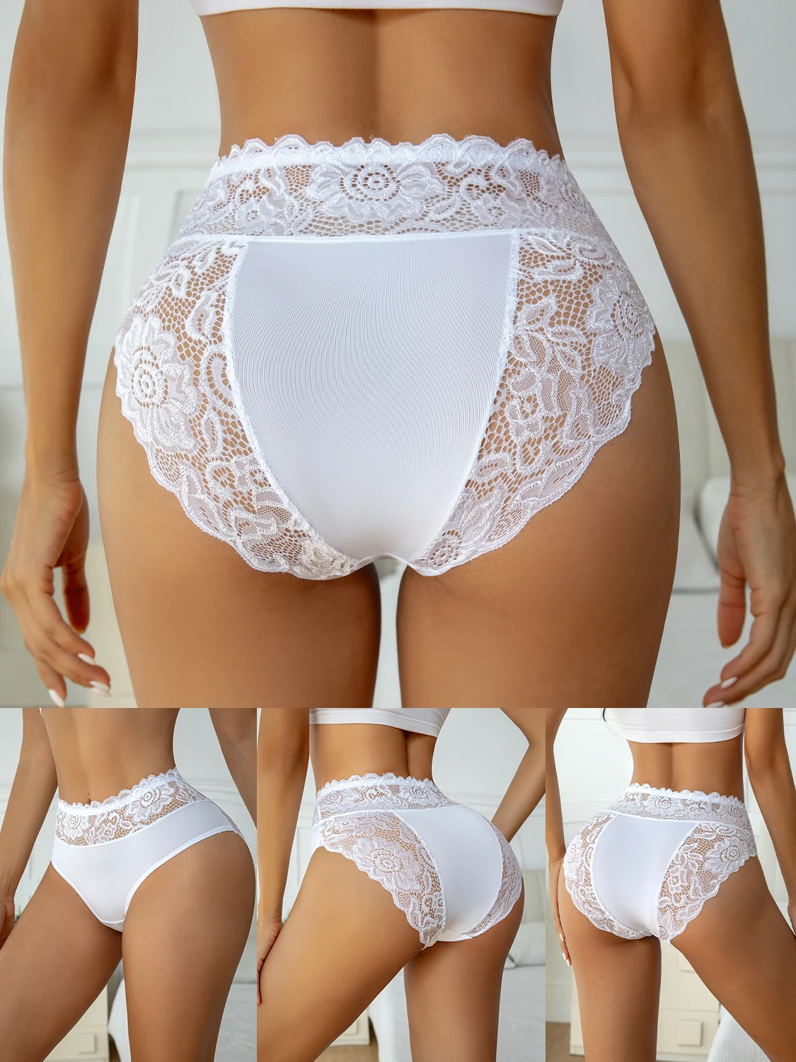 4PCS Women's Underwear Solid Color High Waist Panties Elegant Lace Floral Patch… - Image 5