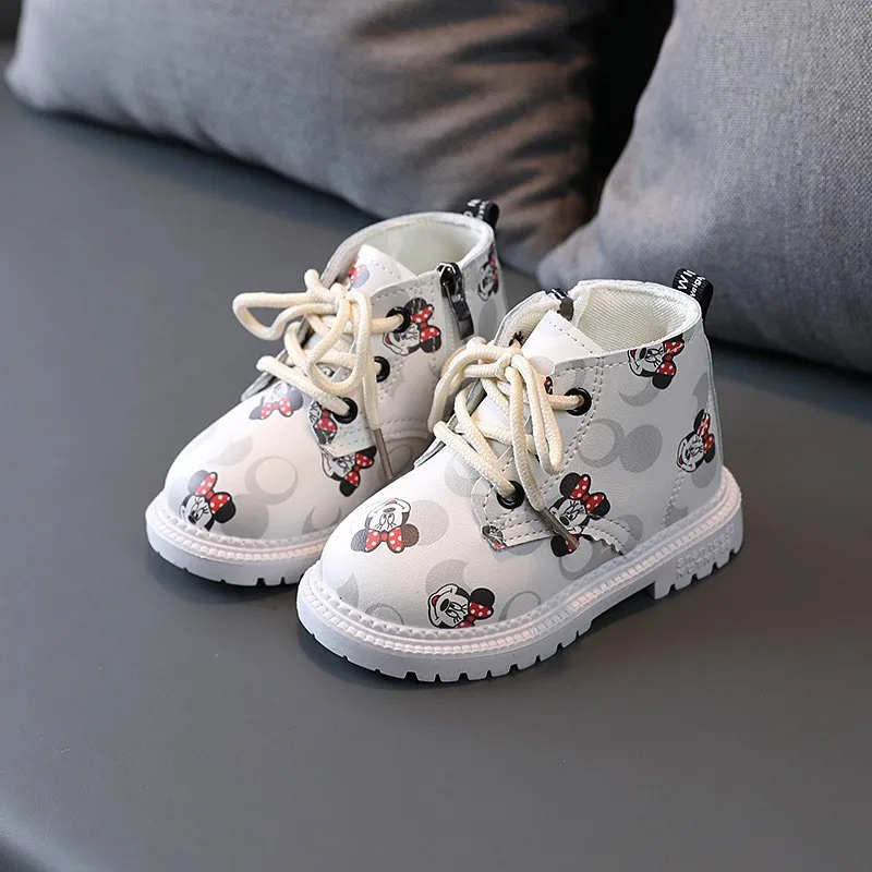 Disney Children\'s Boots Autumn Minnie Cartoon Print Ankle Boot for Girls Soft Sole Outdoor Shoes Size Zipper Boots Sport Shoes