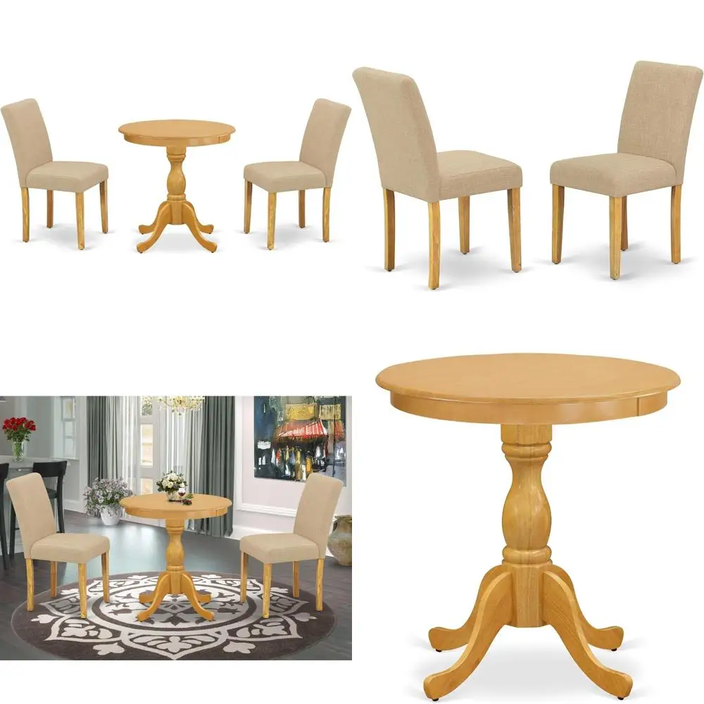 compact 3-piece dining set with round wooden table and pedestal base, featuring 2 light tan linen chairs