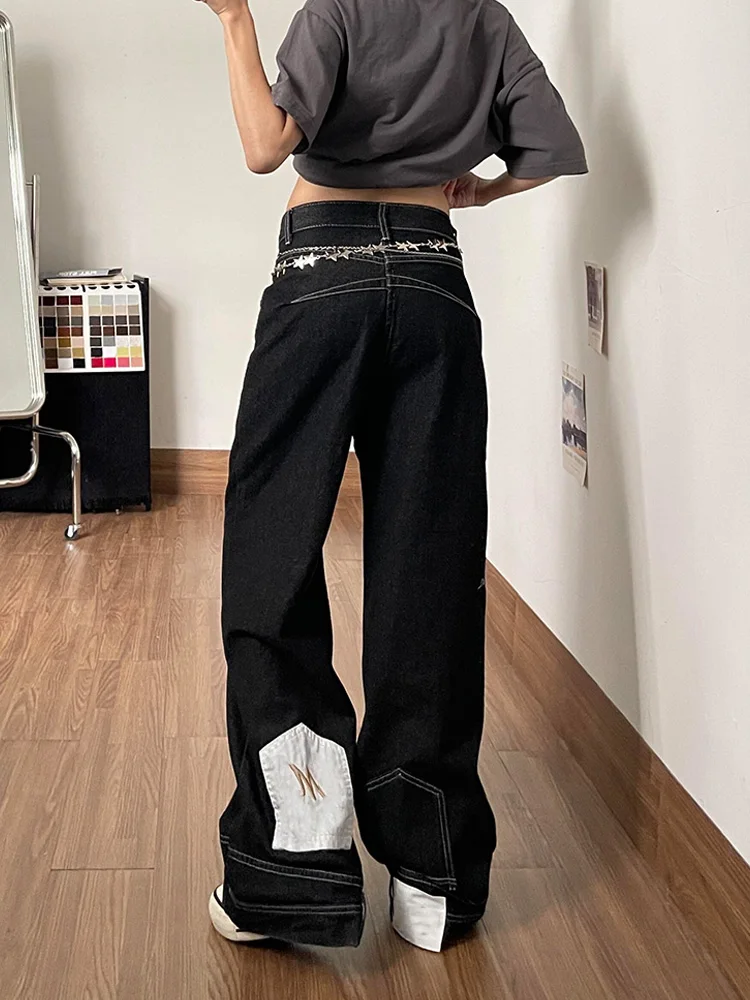 

American Style Design Sensation Women's Reverse Wear Long Jeans Hair Denim Vintage Washed High Waist Loose Fit Pure Color