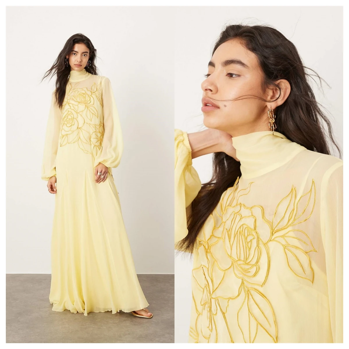 Customized  Exquisite Yellow Chiffon Evening Dress High Collar Long Sleeves Celebrity Gowns Vestido De Festa Appliques