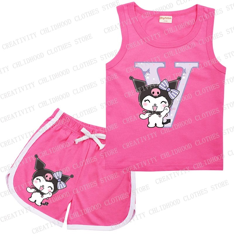 Fato desportivo sem mangas Kuromis infantil, A, B, C, D, 26 letras inglesas, colete, calções, desenhos animados, moda casual, meninas, conjuntos de meninos, novo