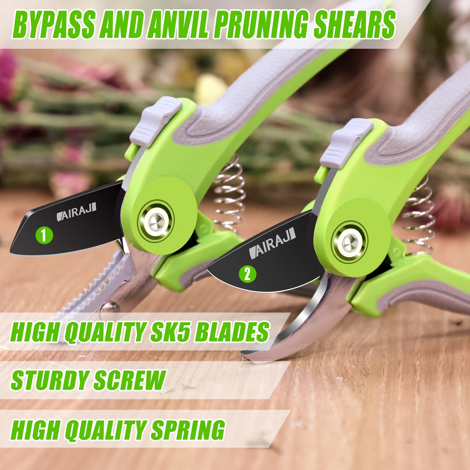 AIRAJ 2 Pack Steel Pruning Shears Set for Gardening,Professional SK-5 Steel Blade Sharp Anvil/Bypass Garden Shears