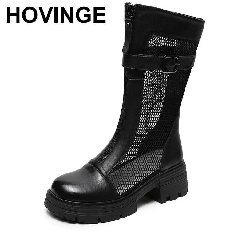 Botas de caballo ahuecadas de malla de cuero para mujer en verano sandalias versátiles informales de suela gruesa finas y transpirables