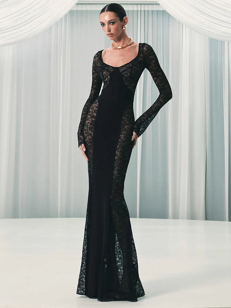 القطب الشمالي القط أنيقة طويلة الأكمام الدانتيل المرقعة فستان المرأة مثير الخامس الرقبة شير بسط Bodycon فستان الحفلات المسائية ربيع جديد فيستدو