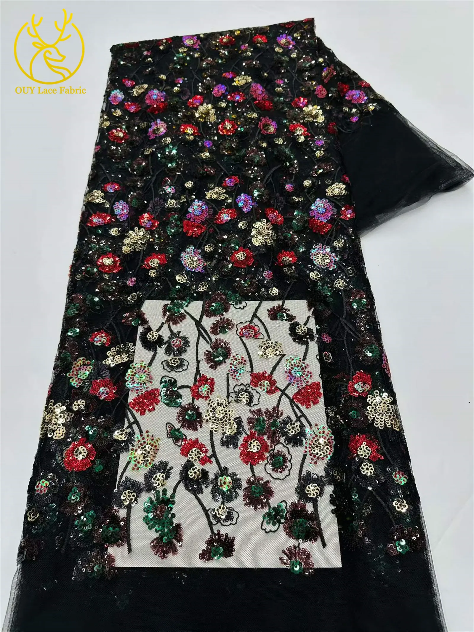 Luxuriöser afrikanischer Pailletten-Spitzenstoff, 5 Yards, hochwertige französische nigerianische Stickerei-Tüllspitze für Hochzeitsfeier, Brautkleid – Detail 22