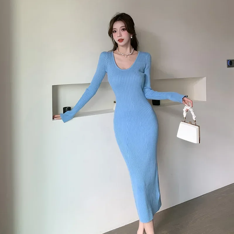 

Spring Autumn Knitted Dress Women Solid V Neck Sexy Slim Elastic Bodycon Dress Winter Fashion Warm Long Dress Y2k
