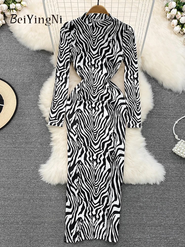 

Beiyingni Stand Collar Long Midi Dress Woman Zebra Printed Vintage Y2K Partu Club Dresses Women Chic Korean Street Vestidos Lady