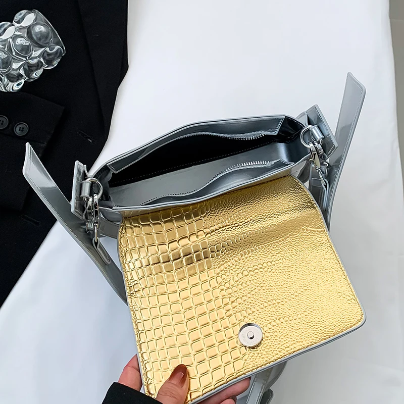 Luxury Silver Shoulder Bag For Women 2023 Autumn And Winter Shiny Metal Leather Underarm Handbag Contrast Color Crossbody Bags