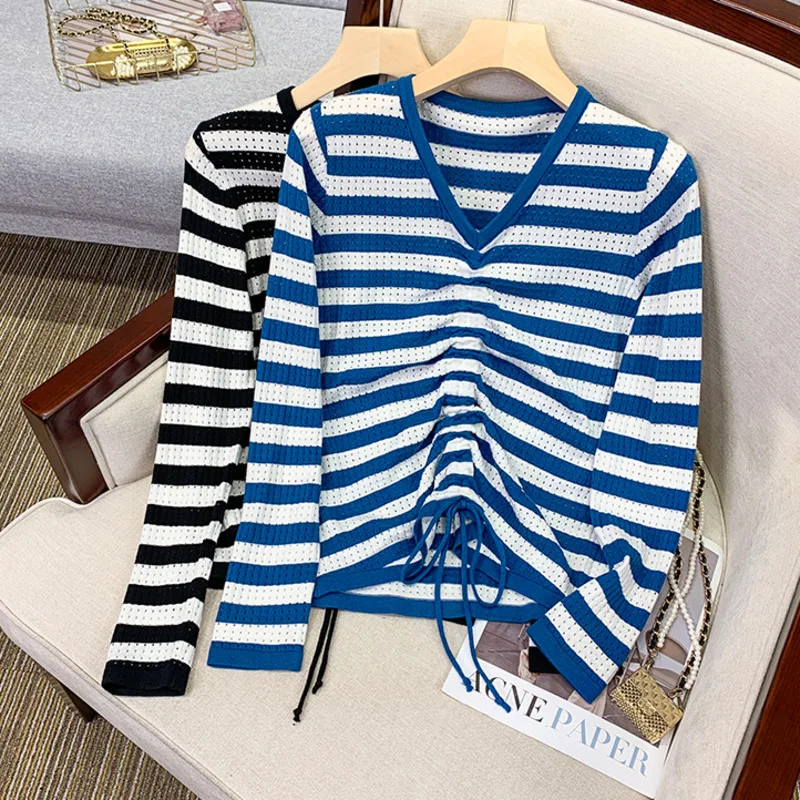 Autumn Winter Large Pullovers Sweaters Women V-neck Hollow Out Knitted Jumpers Drawstring striped Chic XL-4XL Oversize Tops