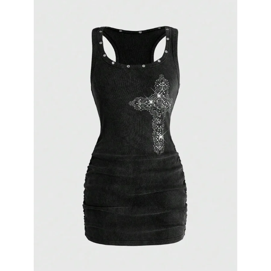 

【New style】ROMWE Grunge Punk Summer Festival Punk Print Rhinestone Vintage Wash Mini Dress For Women