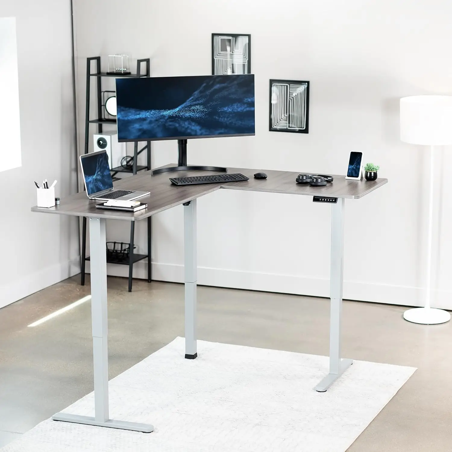 Electric L-shaped standing desk, 63 x 55 inches, height adjustable, memory controller, dark gray top gray frame