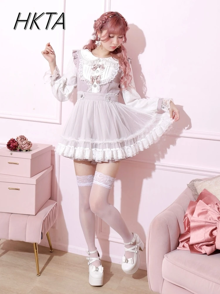 

Japanese Niche Dress Set Women Female Spring Summer Sweet Cute Girl Mine Kawaii Bow Mesh Bow Long Sleeve Dress Shorts Outfit