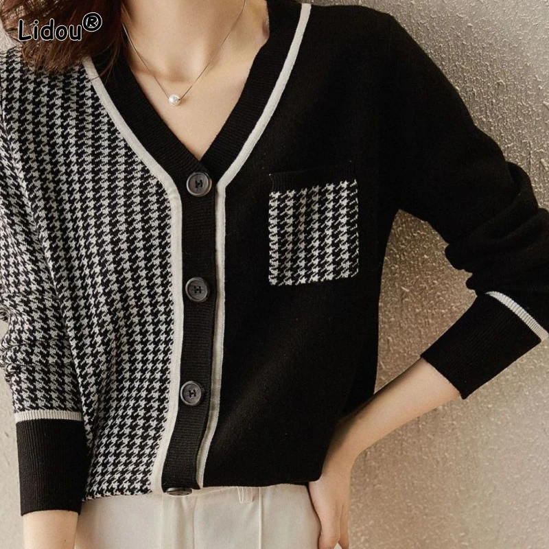 Button Pockets V-neck Patchwork Asymmetrical Vintage Women's Clothing 2022 Autumn Winter Thick Pullovers Knitted Lattice Graphic