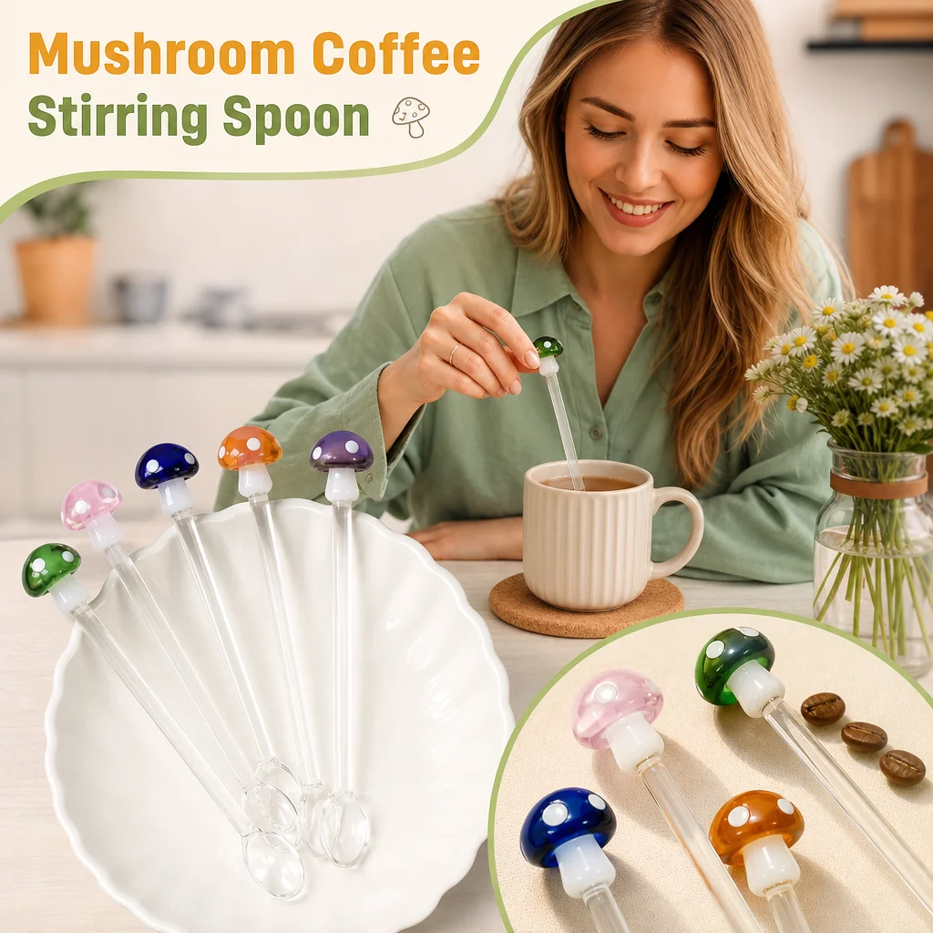 Cute Mushroom Glass Spoon Creative Coffee Spoon High Borosilicate Heat Resistant Dessert Teaspoon Long Handle Cocktail Stirrer