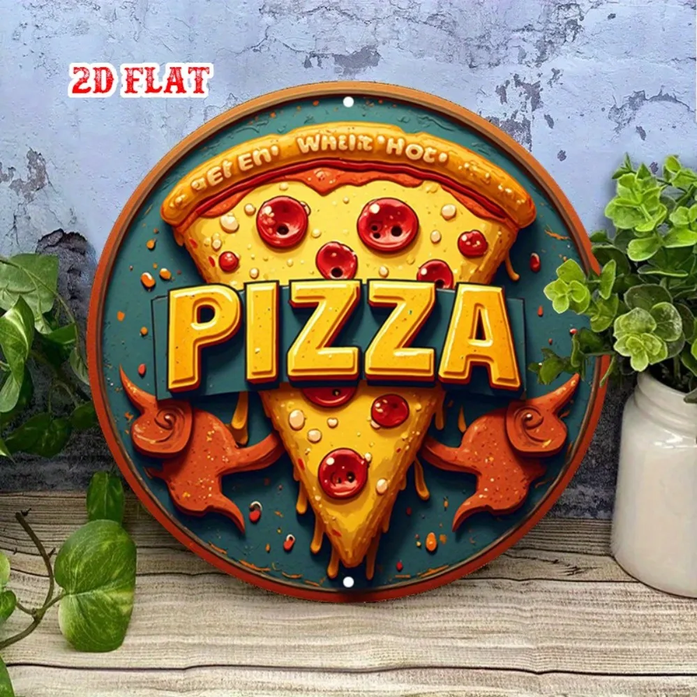ديكور فني جداري معدني للبيتزا - 7.87 × 7.87 بوصة لافتة ألومنيوم للطعام الريفي لتزيين غرفة المرآب والمطعم والمقهى #4