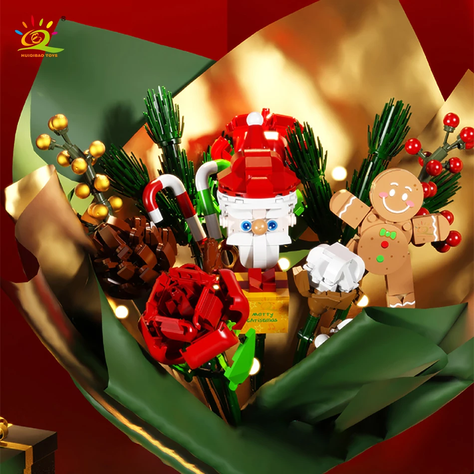 

HUIQIBAO 882Pcs City Santa Claus Christmas Bouquet Model Building Blocks Children DIY Gingerbread Man Rose New Year Bricks Gift