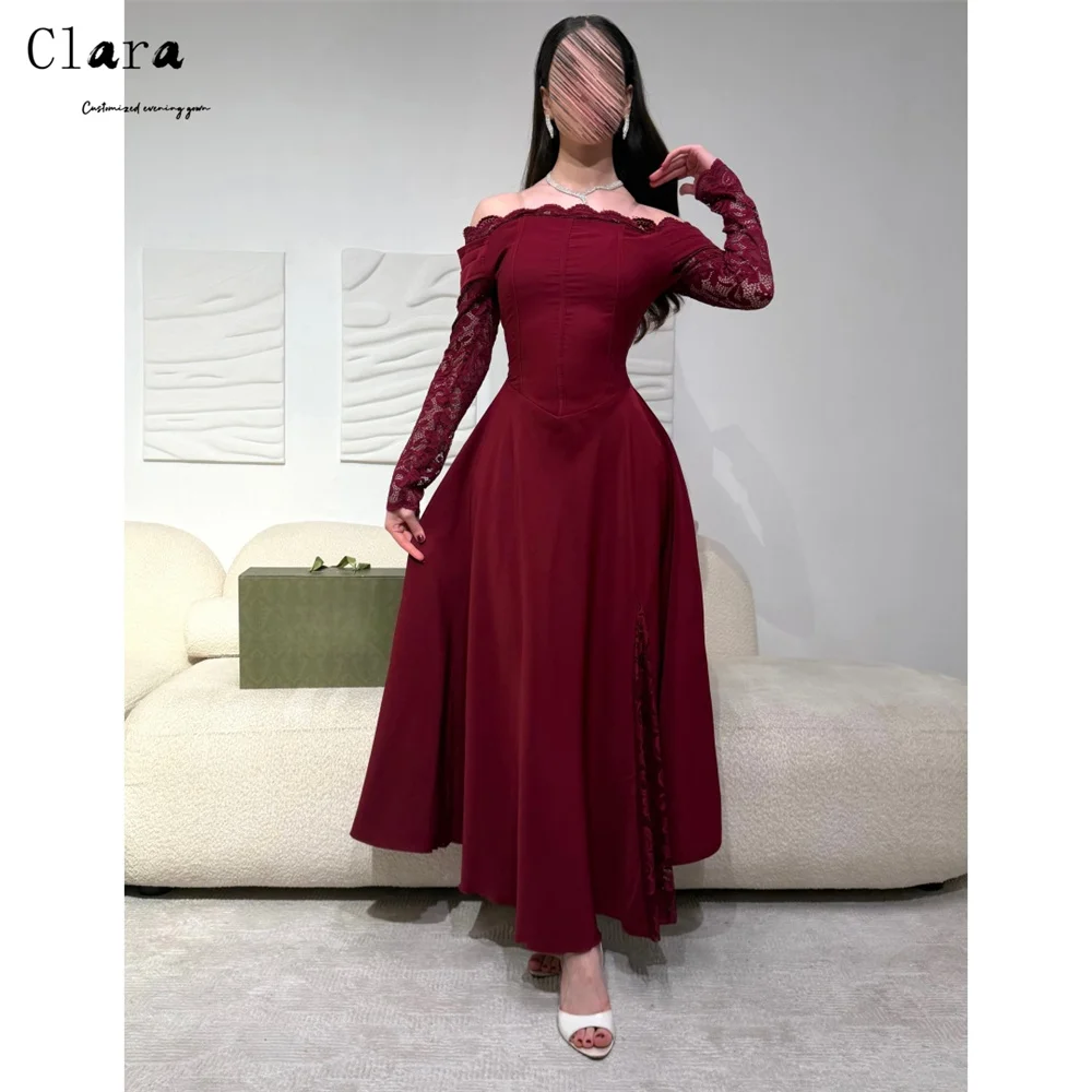 

Clara Custom Burgundy A-line Lace Long Sleeves Elegant Party Dresses for Women Luxury Prom Dresses 2026 Women's Evening Dress