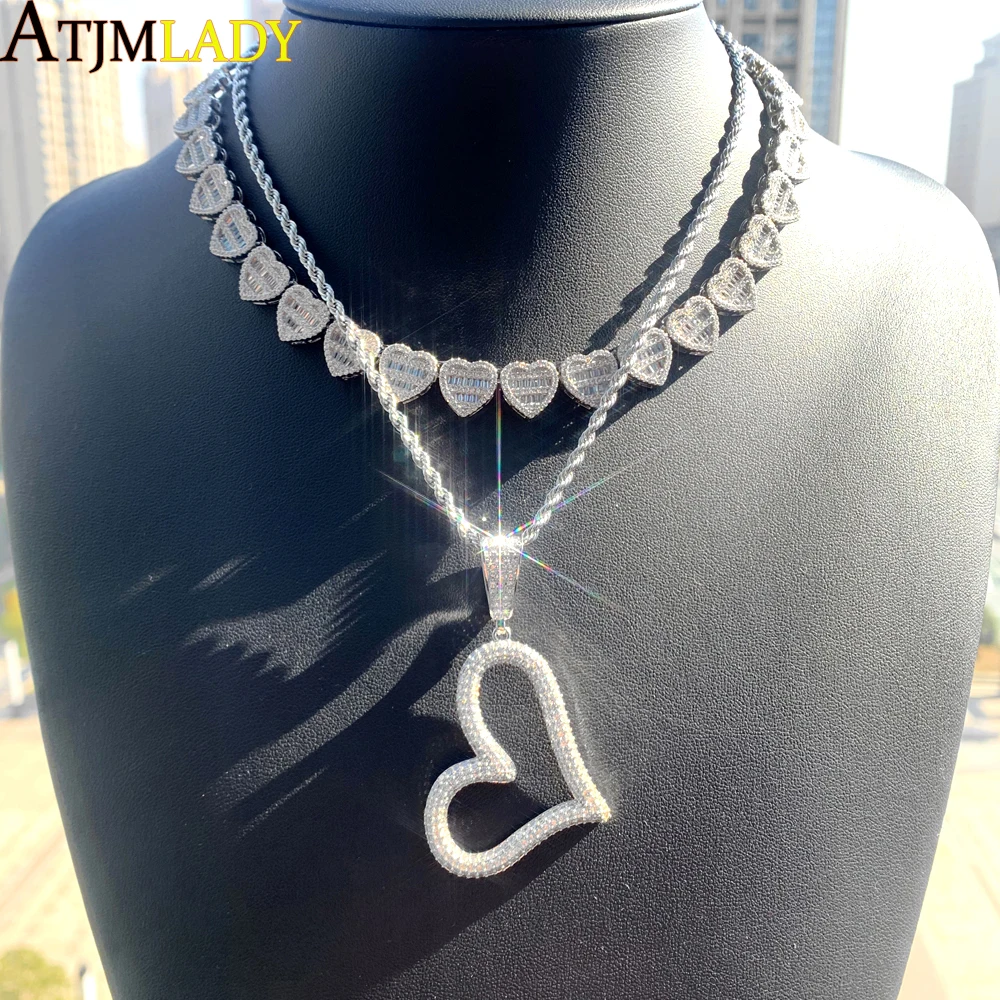 2026 New Iced Out Bling Cz Open Heart Necklace for Women Full Paved Cubic Zirconia Charm 3mm CZ Tennis Chain Hip Hop Jewelry