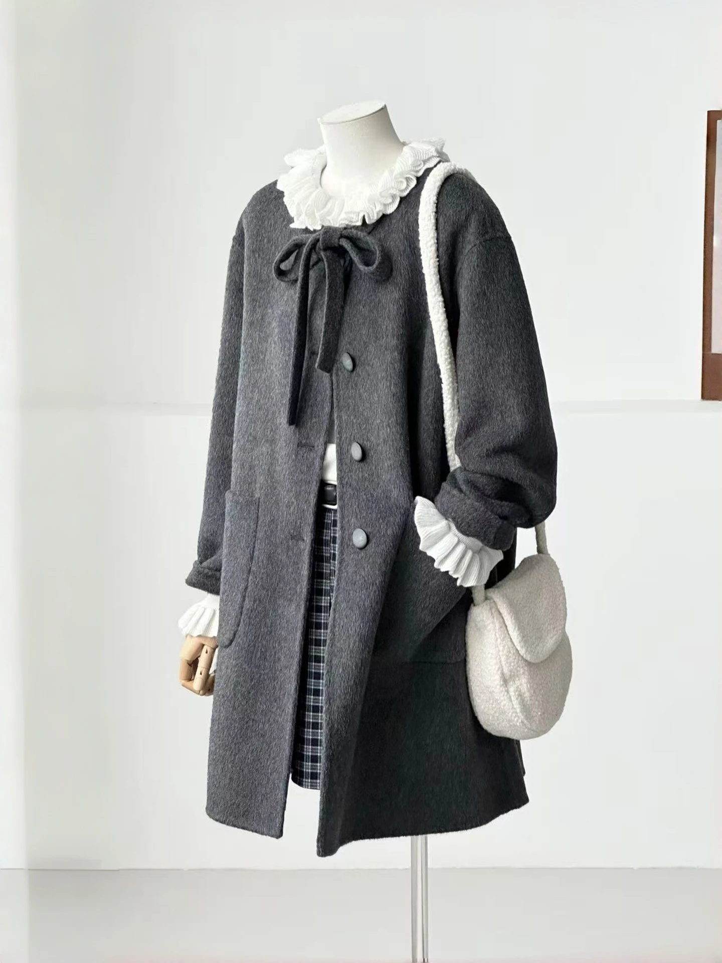 Elegant Doll Collar Bow Tie Grey Woolen Coat Women's Small Size Mid-Length Double-Sided Wool Outerwear High-End Feeling