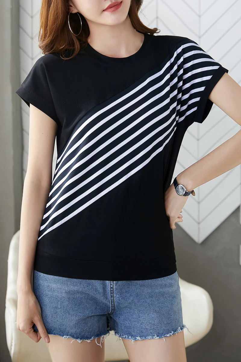 Lady 2022 Summer Camel Black Slanted Stripes Batwing Sleeve Cotton T-Shirt Women O-Neck Elegant Tshirt Casual Female Fashion Top