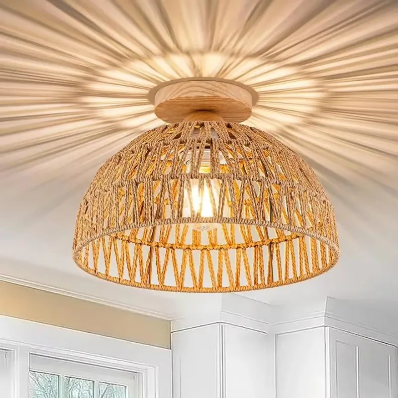 

Chinese Style Hemp Rope Ceiling Light Fixtures Chandelier Rattan Lamp Shade for Home Hotel Decoration Hand-Woven Lighting Cover