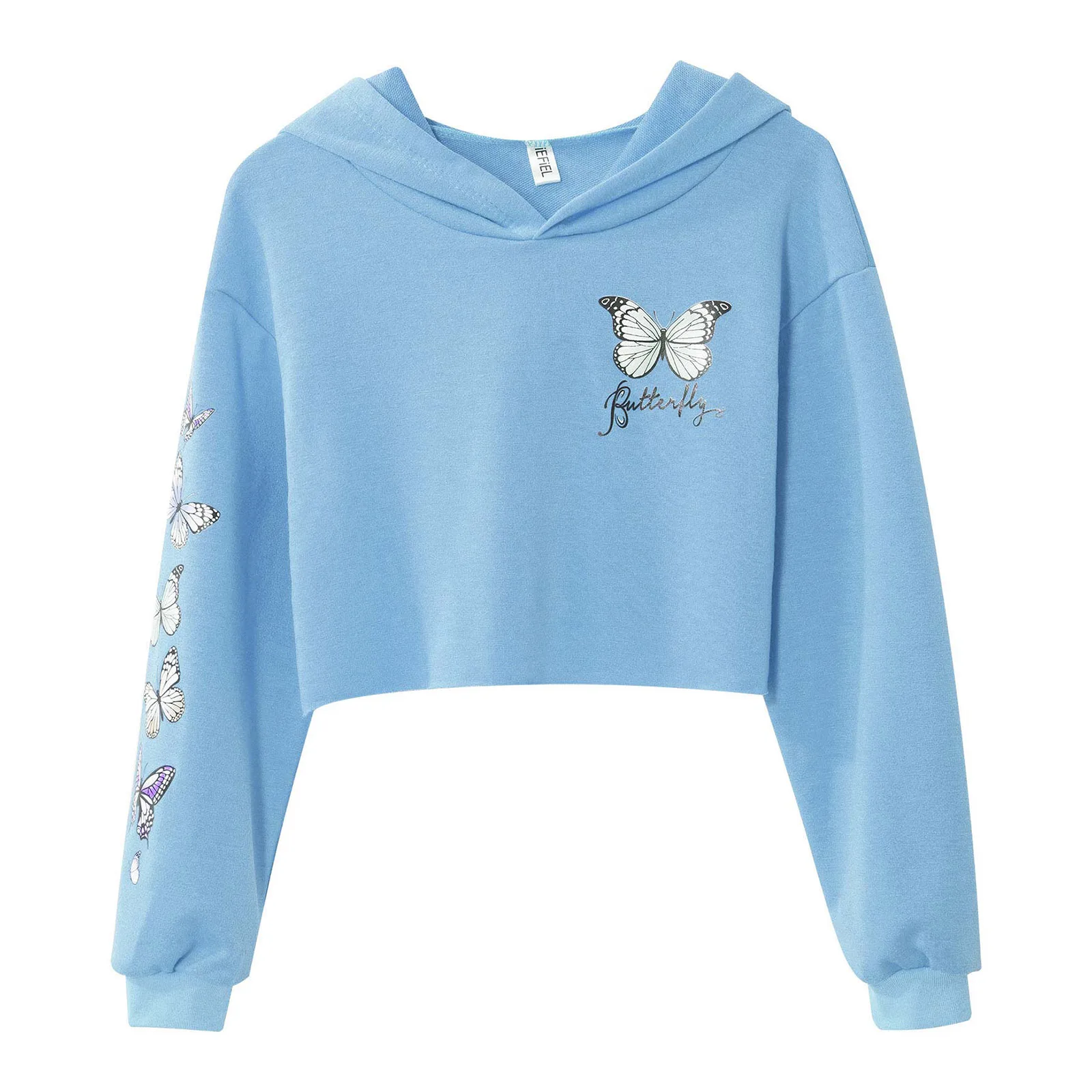 

Kids Girls Casual Sweatshirt Pure Color Soft Hooded Long Sleeves Fashion Butterfly Print Cropped Sweatshirt Tops for Gym Dance