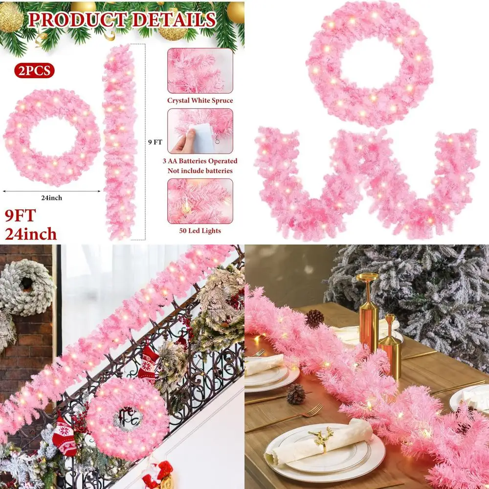 

Гирлянда из розовой ели длиной 9 футов и 24 хрустальных венка со светодиодной подсветкой для рождественского домашнего декора