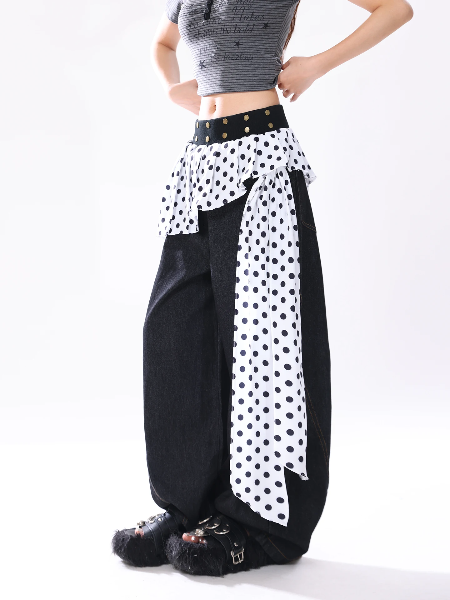

Korean Style Polka Dot Knife Denim Pants Women's Small Size Loose Casual Drapey Wide Leg Pants Tied Belt Layering