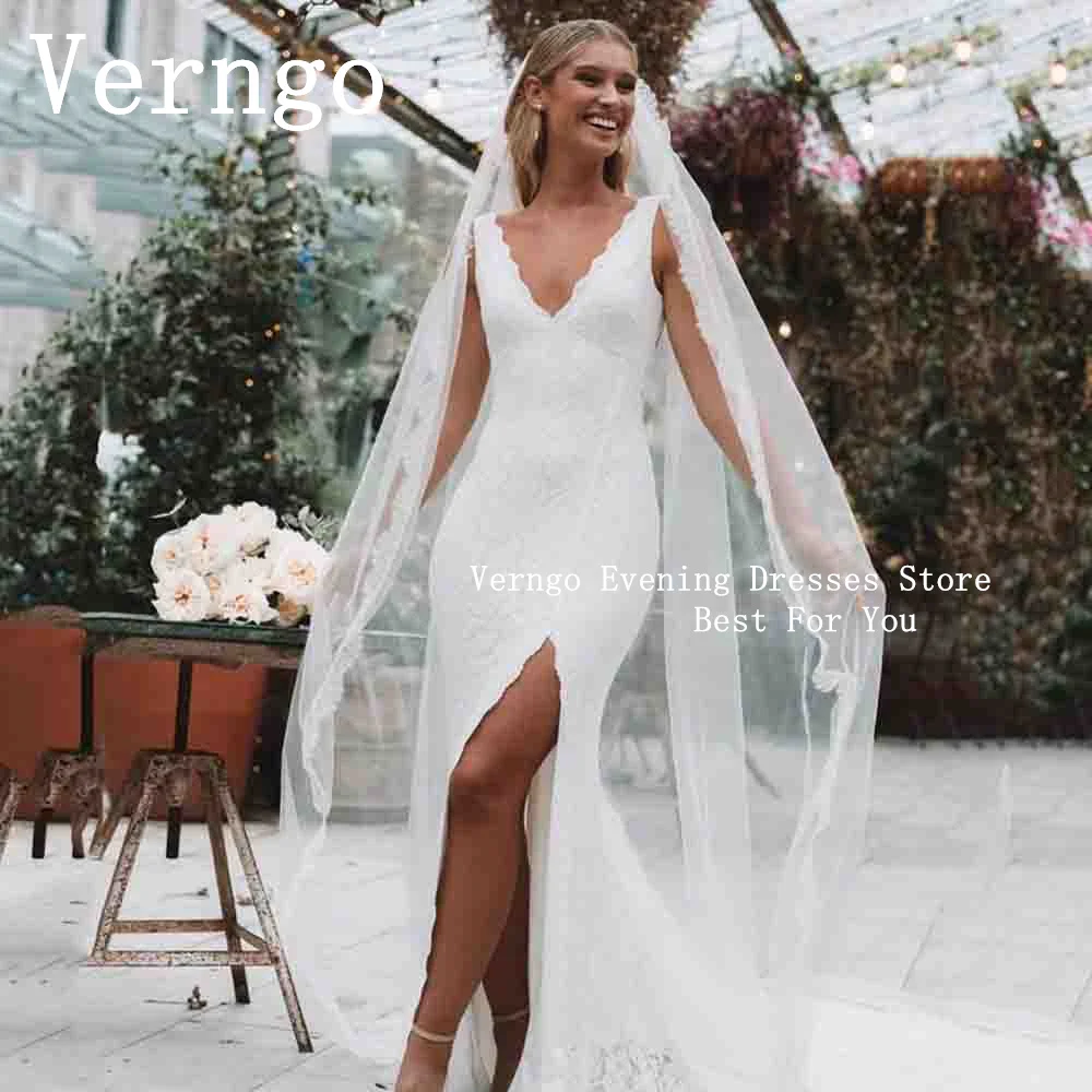 

Verngo lvory Lace Wedding Dress Sexy Side Slit Mermaid Romantic Wdding Prom Gowns For Women Deep V Neck Classy Bride Gowns