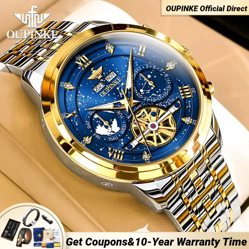 

OUPINKE Starry sky Men's Watches Flywheel Multifunctional Design Calendar Luxury Diamond Automatic Mechanical WristWatch for Man