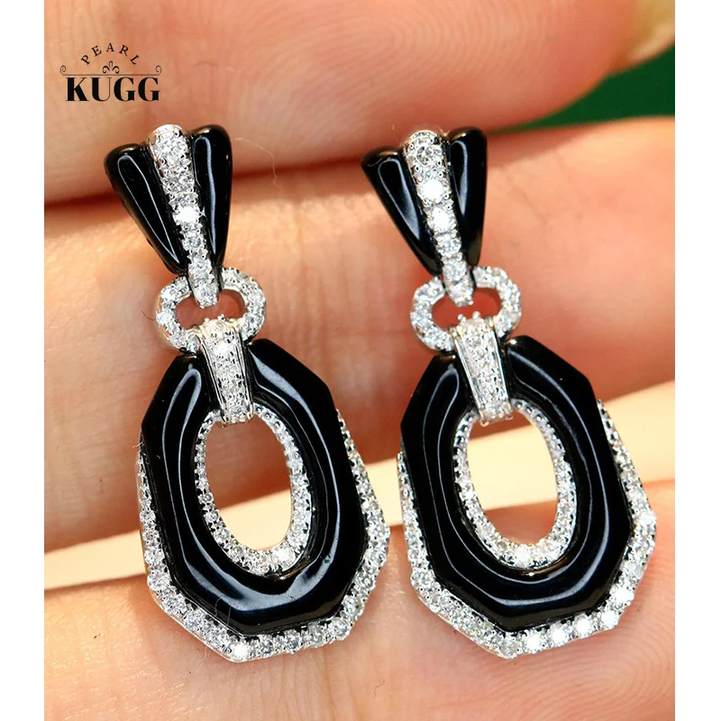 

KUGG 100% 18K White Gold Earrings Classic Design Shiny Diamond Natural Black Onyx Gemstone Earrings for Women Fine Jewelry