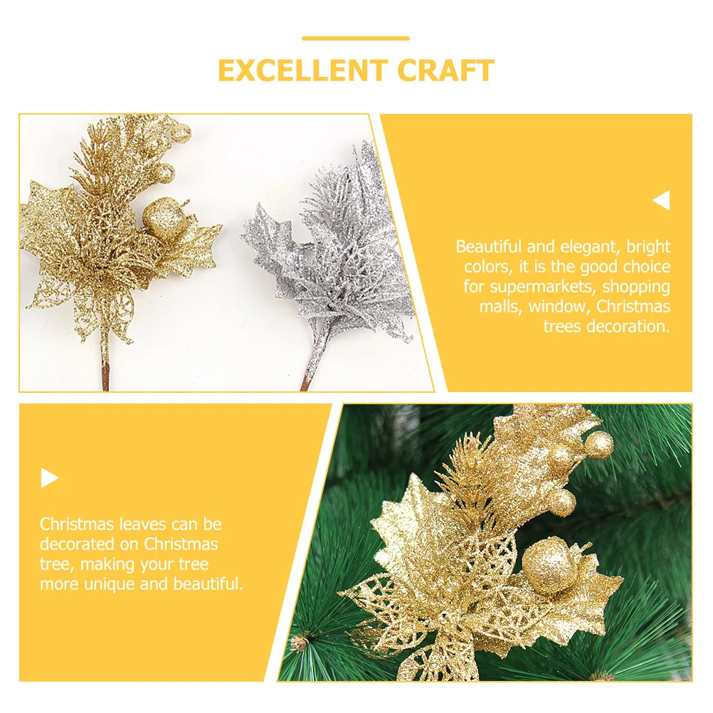 

5Pcs Christmas Leaves Picks Artificial Glitter Stems Christmas Tree Wreath Vase Decor Celebration Supplies Artificial Leaves
