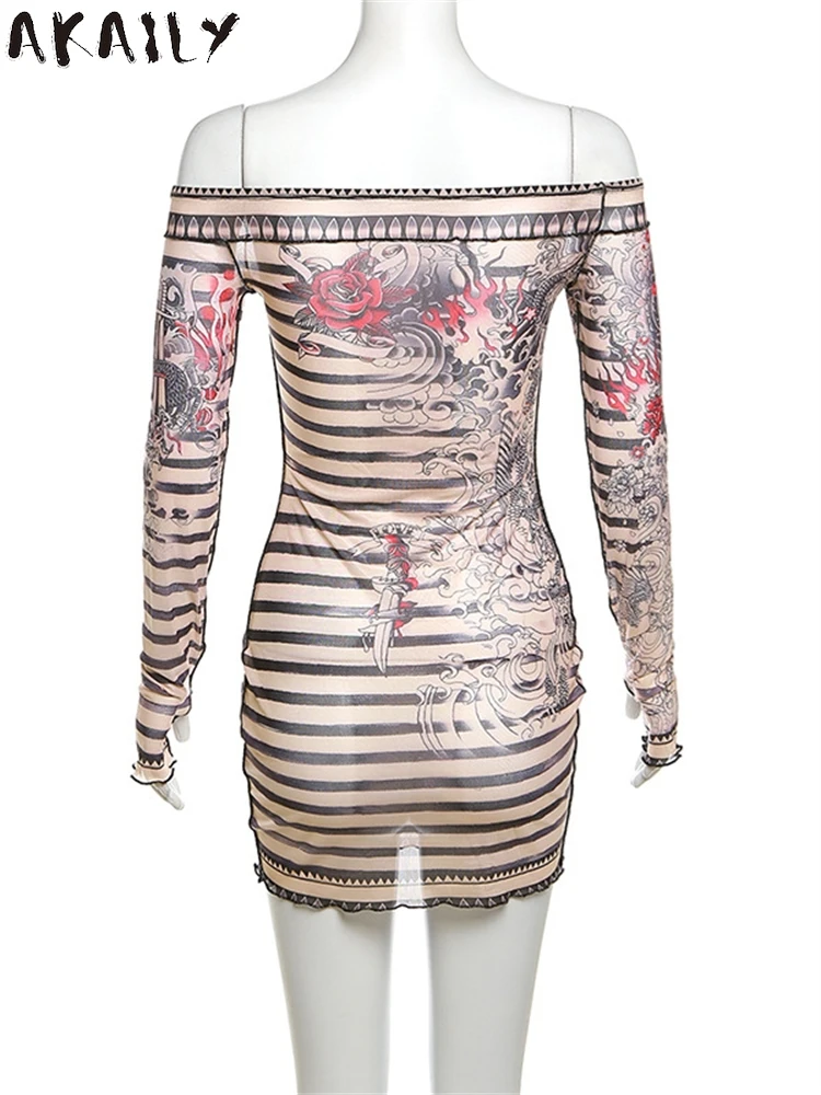 Akaily Summer Dragon Print Long Sleeve Sexy Mesh Mini Dress Party Clubwear For Women 2024 See Through Slash Neck Bodycon Dress