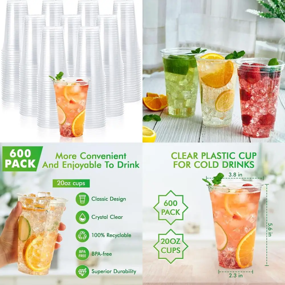 

Пластиковые стаканы прозрачные, 20 унций, 600 штук, одноразовые из ПЭТ, идеально подходят для холодных напитков, таких как кофе со льдом, смузи и газированные напитки