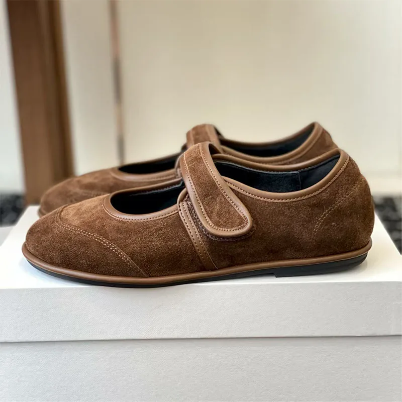 Роскошные балетки из коровьей замши на плоской подошве, женские прогулочные туфли на липучке с круглым носком, женская повседневная удобная легкая женская обувь Роскошные балетки из коровьей замши на плоской подошве, женские прогулочные туфли на липучке с круглым носком, женская повседневная удобная легкая женская обувь