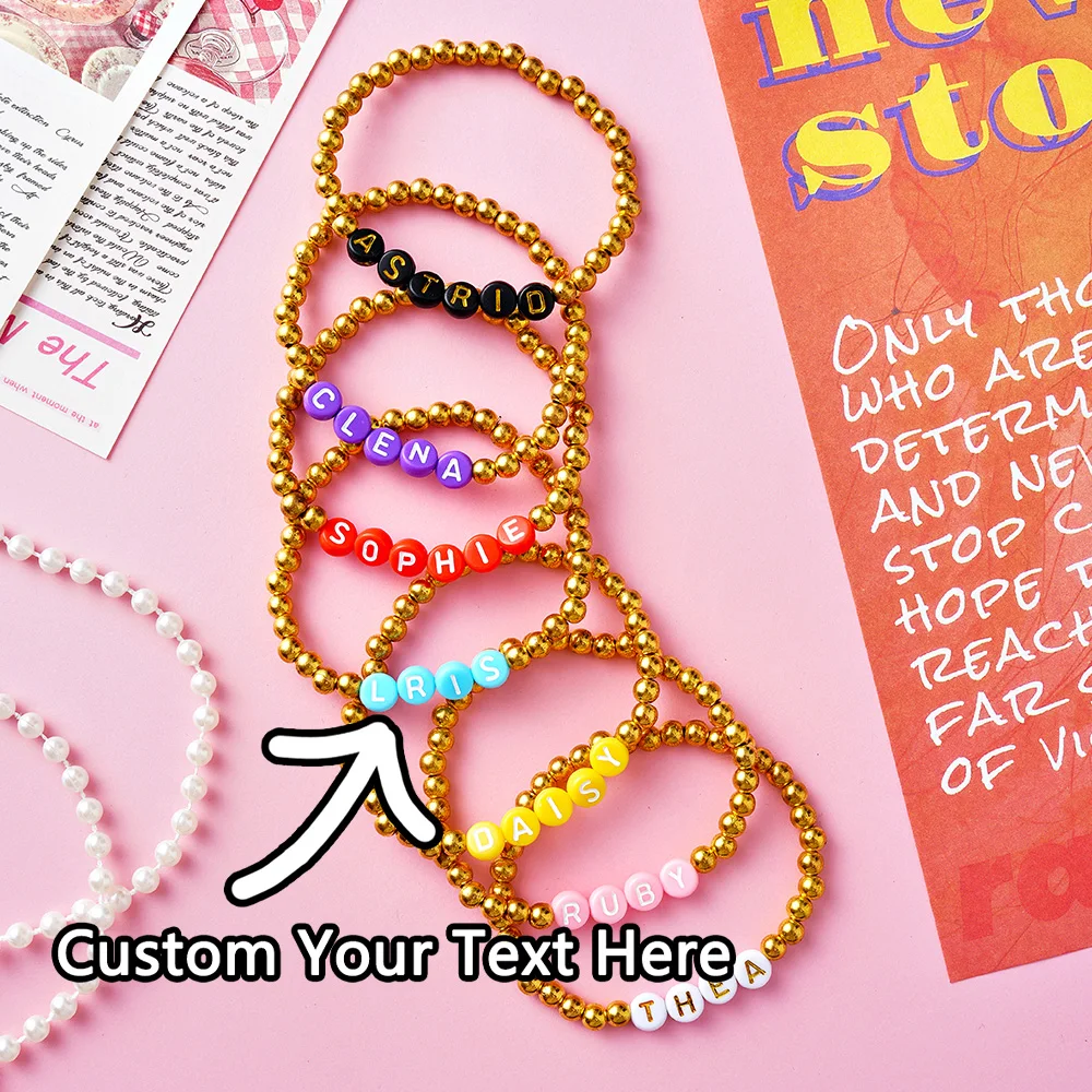 قطعة واحدة من سوار مخصص - اسم محفور شخصي، خرز ذهبي، DIY، محفور بالليزر، تصميم أنيق، ملحق مثالي للاستخدام اليومي وL