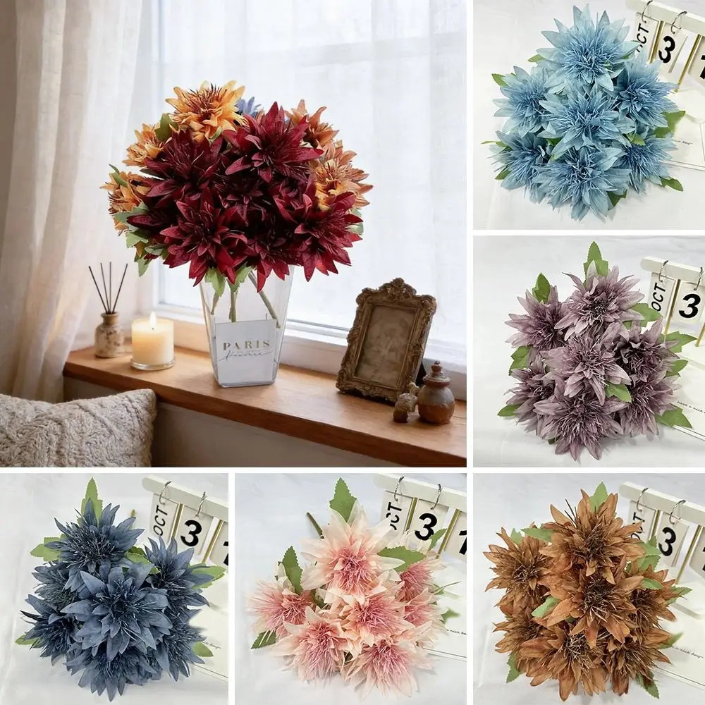 Multicolor Sea Anemone Artificial Flower 7 Flower Arrangement Material Faux Plant Green Leaves Photo Prop Decorative Flower