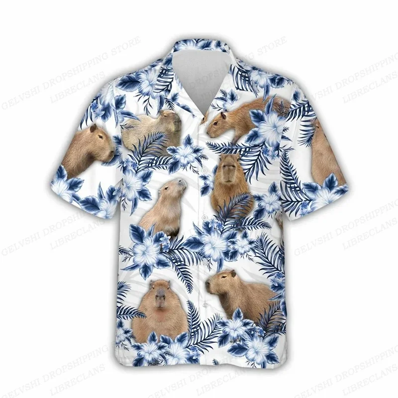 Capybara kemeja Hawaii hewan Pria Wanita musim panas blus pantai lengan pendek kemeja mode Floral Hawaii kerah lipat Aloha