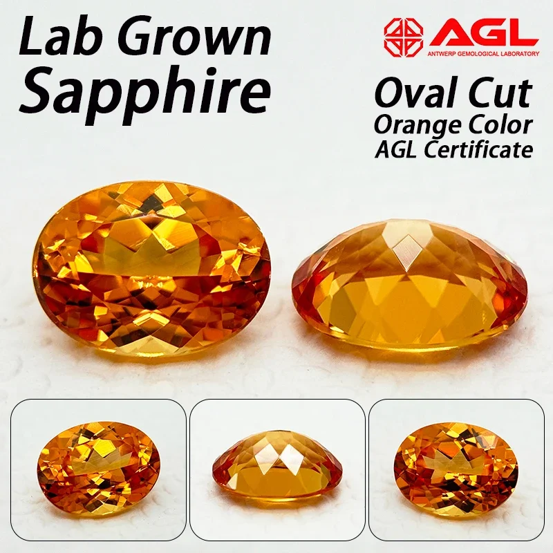 Im Labor gezüchteter Saphir im Ovalschliff, orange Farbe, loser Edelstein für DIY-Schmuckherstellung, Hauptmaterialien wählbar, AGL-Zertifikat. – Detail 1