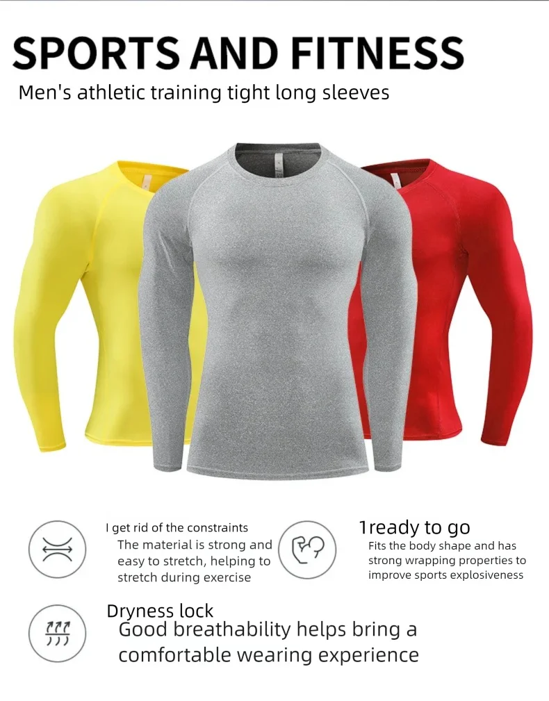 Men Compression Long Sleeve T‑Shirt Crew Neck High Elastic Quick Dry Sports Top Men Running Fitness Workout Gym Sportswear Cross