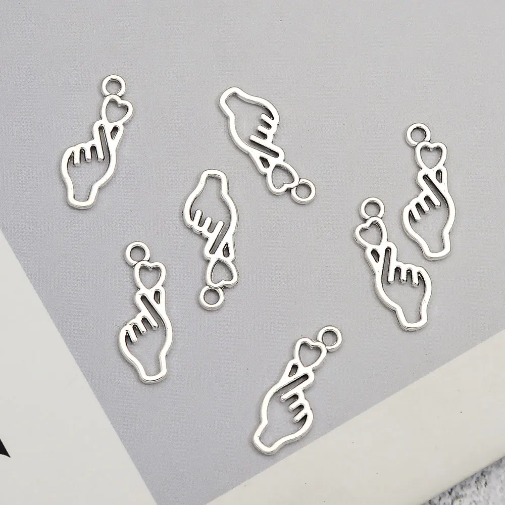 20pcs/Lots 8x22mm Antique Metal Hand Heart Love You Charms Cute Korean Craft Pendant For DIY Jewelry Making Supplies Accessories