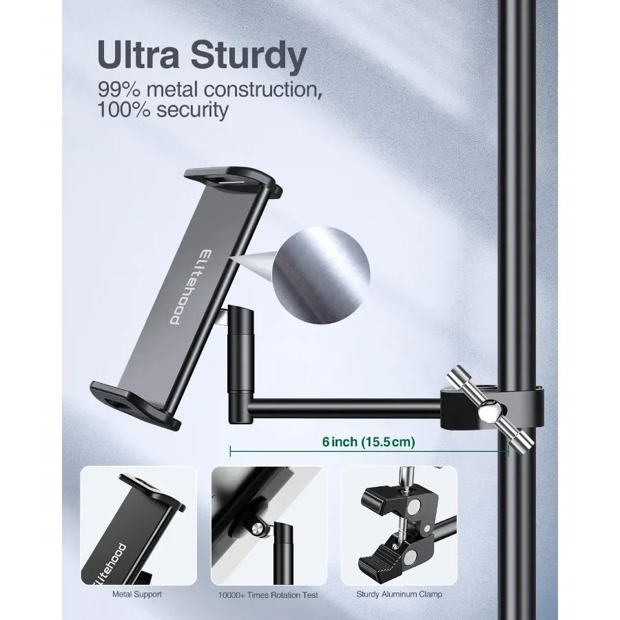 Soporte de aluminio Elitehood para iPad, soporte de micrófono, soporte lateral para iPad, soporte de música para micrófono, inclinación giratoria 360, micrófono ajustable T