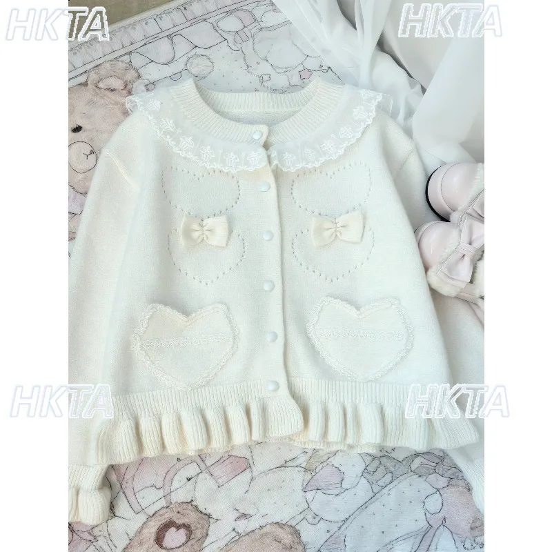 Original Japanese Cute Bow Lace Pink Lolita Sweater Jacket Women's Autumn Winter Niche Design Long Sleeve Knitted Cardigan Coat