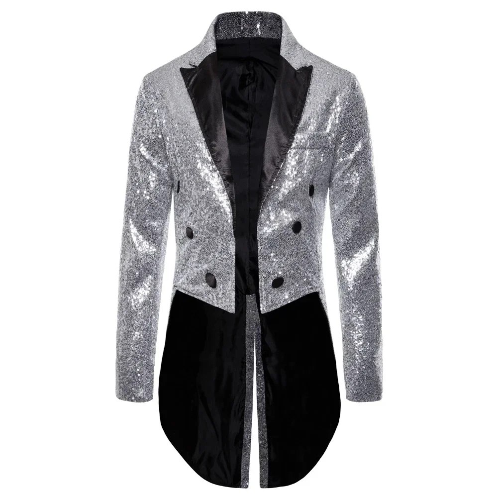 

Men's Sequin Double Breasted Tailcoat Silver Shiny Blazer Black Contrast Evening Jacket for Stage Performance Party Wedding
