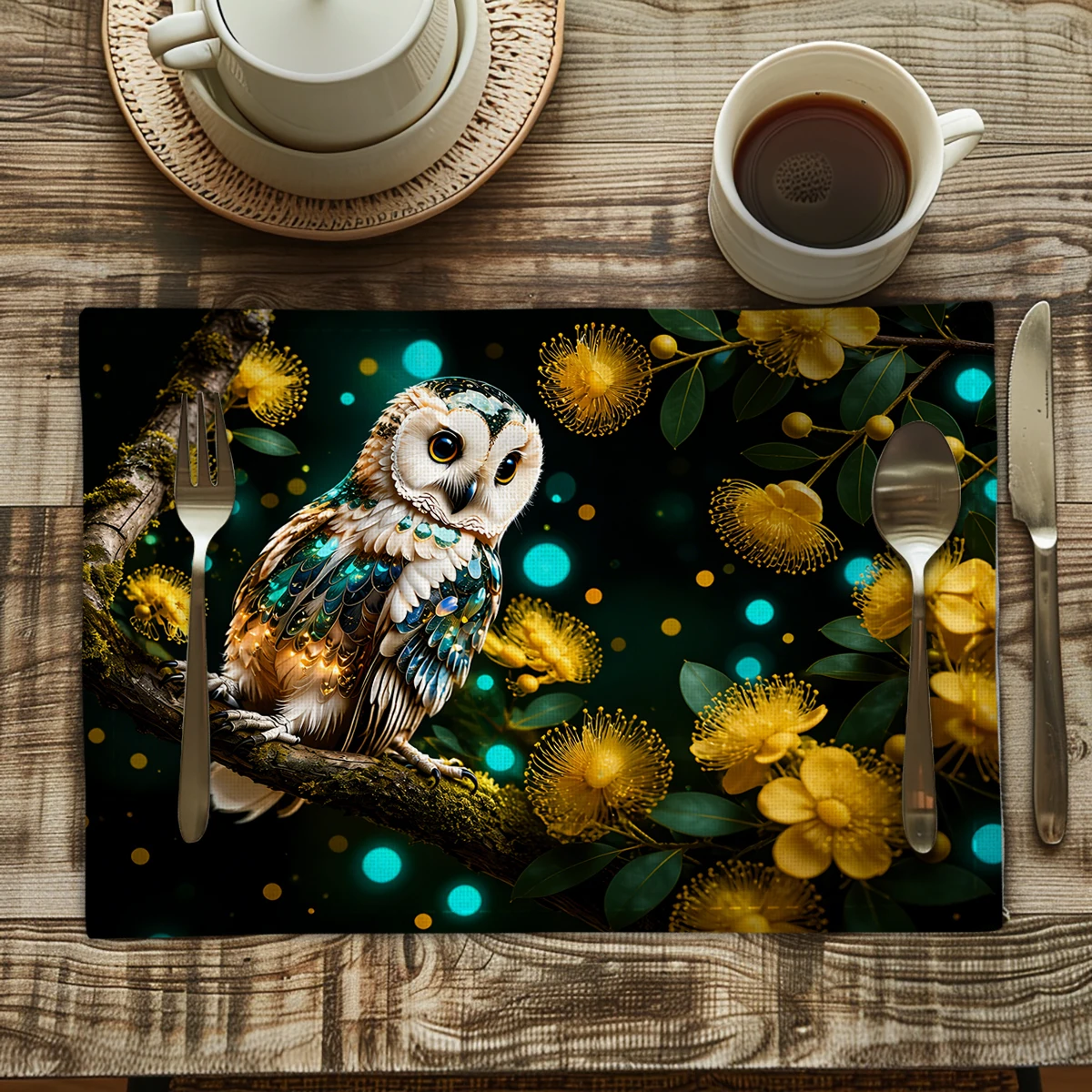 Cute Owl Yellow Floral Glow Dot Pattern Polyester Placemats, Rectangular Art Print Table Mats for Home Table Decoration