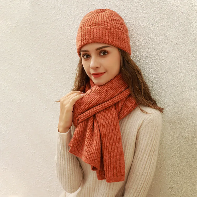 Pure Color Rib Knit Scarf & Hat Sets Female Imitation Cashmere Warm Long Muffler Winter Round Top Woolen Yarn Cap Scarves Women