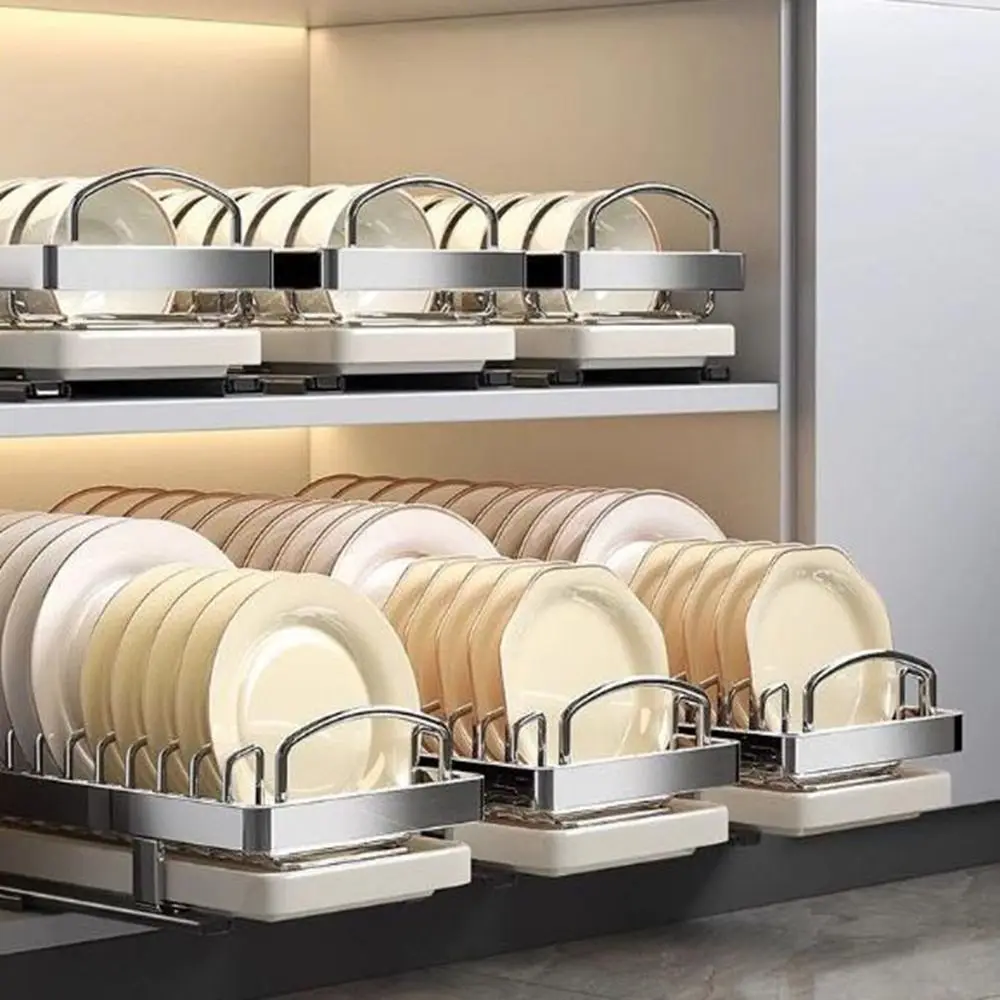 Stainless Steel Pull-out Dish Rack Large with Handle Dish Drainer Storage Rack Drawer Type with Drain Tray Kitchen Dish Racks